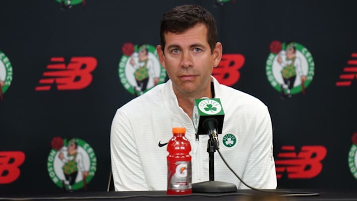 Sep 24, 2024; Boston, MA, USA;  Boston Celtics general manager Brad Stevens talks to reporters during media day at Auerbach Center. Mandatory Credit: David Butler II-Imagn Images
