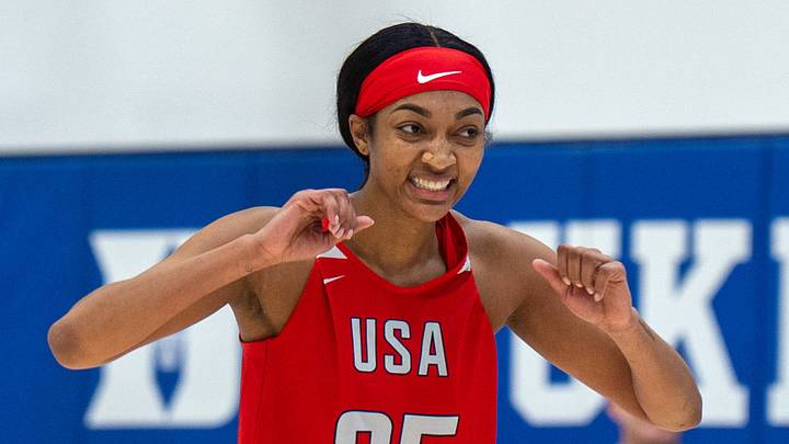 Angel Reese (25) reacts after a play during a scrimmage at the USA Basketball training camp. Angel Reese (25) reacts after a play during a scrimmage at the USA Basketball training camp.