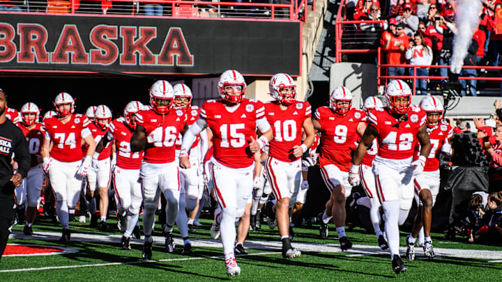 The Huskers emerge from the tunnel and take the field before the 2024 Senior Day game against Wisconsin.