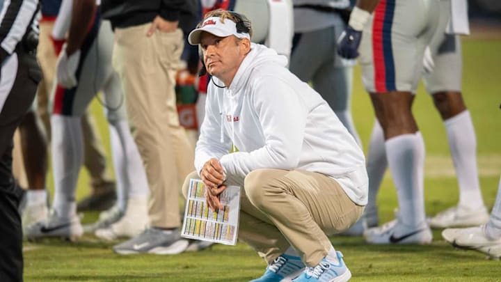 Ole Miss coach Lane Kiffin looks up at the scoreboard during a time out in second half of the Egg Bowl at Davis Wade Stadium in Starkville, Miss., Thursday, Nov. 23, 2023. Ole Miss coach Lane Kiffin looks up at the scoreboard during a time out in second half of the Egg Bowl at Davis Wade Stadium in Starkville, Miss., Thursday, Nov. 23, 2023.