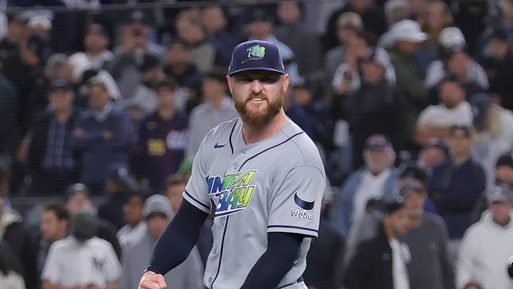 Oct 7, 2026; Bronx, New York, USA; Tampa Bay Rays pitcher Bryan Baker (47) reacts after defeating the New York Yankees in game three to win the ALDS for the 2026 MLB Playoffs at Yankee Stadium. Mandatory Credit: Brad Penner-Imagn Images Oct 7, 2026; Bronx, New York, USA; Tampa Bay Rays pitcher Bryan Baker (47) reacts after defeating the New York Yankees in game three to win the ALDS for the 2026 MLB Playoffs at Yankee Stadium. Mandatory Credit: Brad Penner-Imagn Images
