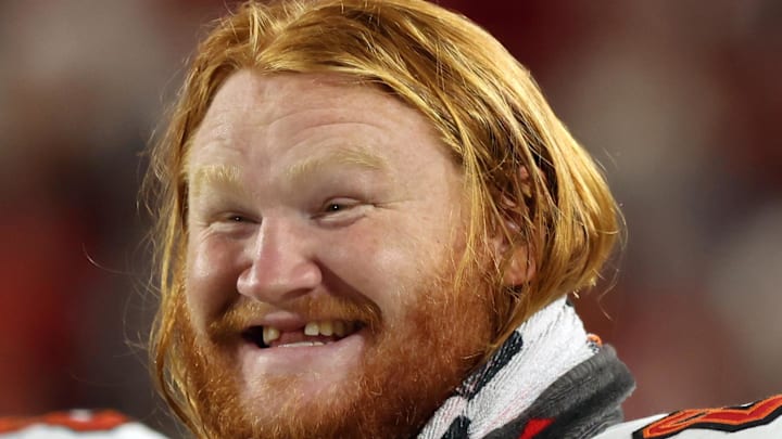 Aug 23, 2024; Tampa, Florida, USA;  Tampa Bay Buccaneers guard Cody Mauch (69) against the Miami Dolphins during the second quarter at Raymond James Stadium. Mandatory Credit: Kim Klement Neitzel-Imagn Images