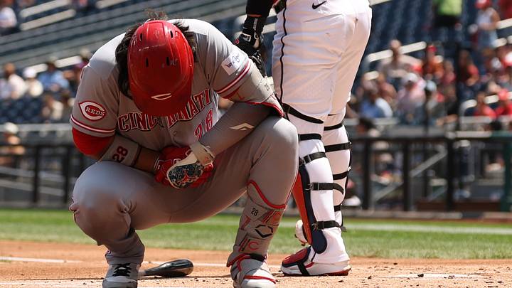 Aug 9, 2026; Washington, District of Columbia, USA; Cincinnati Reds designated hitter Eugenio Suárez (28) reacts after being hit by a pitch against the Washington Nationals during the second inning at Nationals Park. Mandatory Credit: Geoff Burke-Imagn Images Aug 9, 2026; Washington, District of Columbia, USA; Cincinnati Reds designated hitter Eugenio Suárez (28) reacts after being hit by a pitch against the Washington Nationals during the second inning at Nationals Park. Mandatory Credit: Geoff Burke-Imagn Images