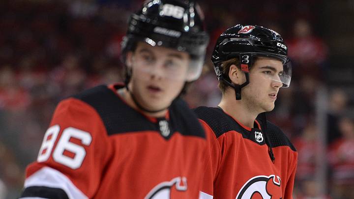New Jersey Devils center Jack Hughes (86) and New Jersey Devils center Nico Hischier (13): Joe Camporeale-USA TODAY Sports