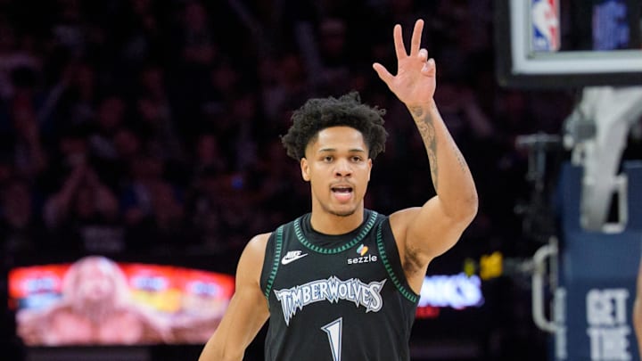 Apr 25, 2026; Minneapolis, Minnesota, USA; Minnesota Timberwolves guard Terrence Shannon Jr. (1) reacts after scoring a three-point shot against the Denver Nuggets in the second quarter at Target Center. Mandatory Credit: Matt Blewett-Imagn Images