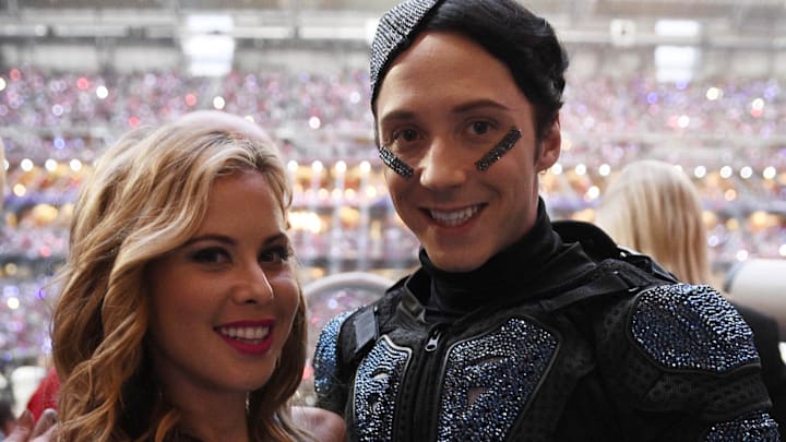 Feb 1, 2015; Glendale, AZ, USA; NBC commentators Johnny Weir (right) and Tara Lipinski (left) in attendance during Super Bowl XLIX between the New England Patriots and the Seattle Seahawks at University of Phoenix Stadium.