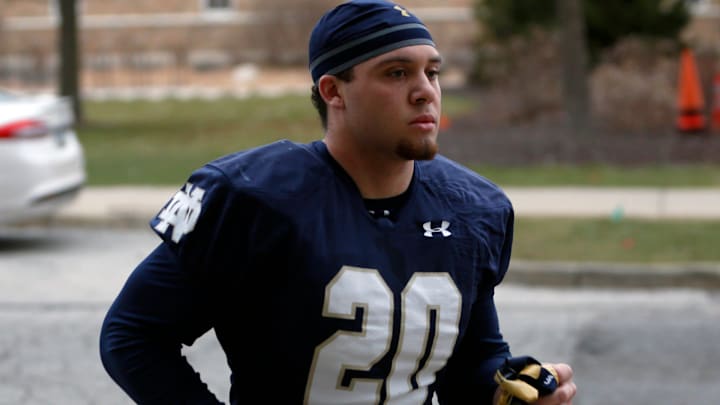 Notre Dame freshman running back Aneyas Williams runs into practice