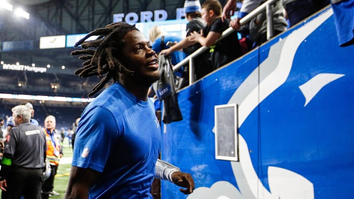 Detroit Lions quarterback Teddy Bridgewater (10) runs off the field after 42-17 win over the Denver Broncos at Ford Field in Detroit on Saturday, Dec. 16, 2023.