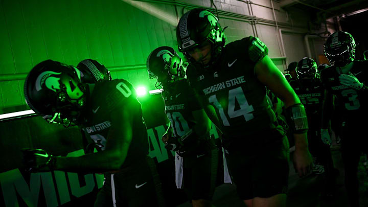 Michigan State heads out of the tunnel before the game against Iowa on Saturday, Oct. 19, 2024, at Spartan Stadium in East Lansing.