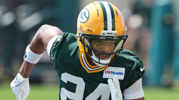Green Bay Packers cornerback Carrington Valentine (24) participates in the second day of training practice on July 30, 2026, at Ray Nitschke Field in Ashwaubenon, Wis.