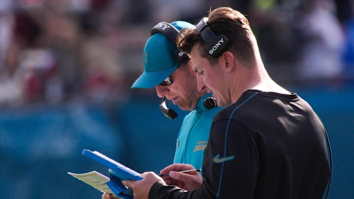 Jacksonville Jaguars head coach Liam Coen and Jacksonville Jaguars offensive coordinator Grant Udinski talk during the second quarter during an NFL football game at EverBank Stadium, Sunday, Dec. 14, 2025, in Jacksonville, Fla. [Doug Engle/Florida Times-Union]