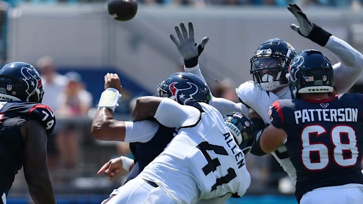 Jacksonville Jaguars linebacker Josh Allen (41) hits Houston Texans quarterback C.J. Stroud (7) from behind causing an incomplete pass during late first quarter action. The Jacksonville Jaguars hosted the Houston Texans at EverBank Stadium in Jacksonville, Fla. Sunday, September 24, 2023. The Jaguars trailed 17 to 0 at the end of the first half. [Bob Self/Florida Times-Union]