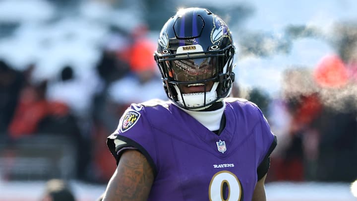 Dec 14, 2025; Cincinnati, Ohio, USA;  Baltimore Ravens quarterback Lamar Jackson (8) warms up before the game against the Cincinnati Bengals at Paycor Stadium. Mandatory Credit: Joseph Maiorana-Imagn Images