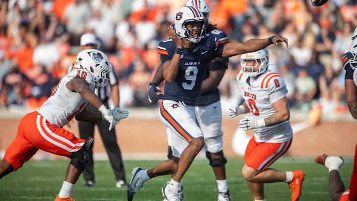 Auburn Tigers quarterback Deuce Knight (9) throws the ball as Auburn Tigers take on Mercer Bears at Jordan-Hare Stadium in Auburn, Ala. on Saturday, Nov. 22, 2025. Auburn Tigers lead the Mercer Bears 35-17 at halftime.