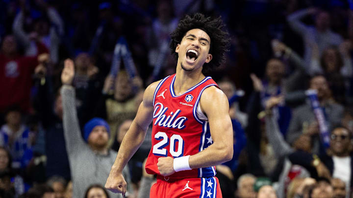 Philadelphia 76ers guard McCain teacts to his three pointer against the Brooklyn Nets during the fourth quarter at Wells Fargo Center. 