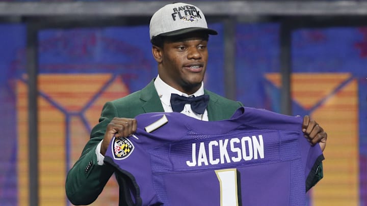 Apr 26, 2018; Arlington, TX, USA; Lamar Jackson (Louisville) is selected as the number thirty-two overall pick to the Baltimore Ravens in the first round of the 2018 NFL Draft at AT&T Stadium.  Mandatory Credit: Tim Heitman-Imagn Images