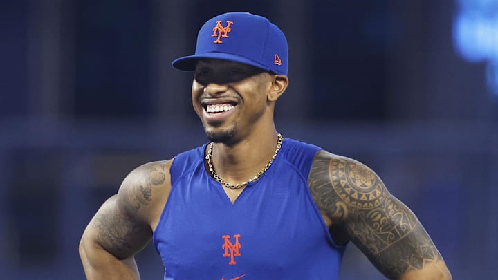 Sep 18, 2023; Miami, Florida, USA; New York Mets shortstop Francisco Lindor (12) smiles during batting practice before a game against the Miami Marlins at loanDepot Park. Mandatory Credit: Rhona Wise-Imagn Images