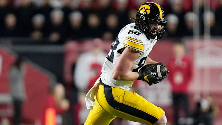 Iowa Hawkeyes tight end Hayden Large (88) rushes the ball during the second half of the game against the Wisconsin Badgers on Saturday October 11, 2025 at Camp Randall in Madison, Wisconsin.