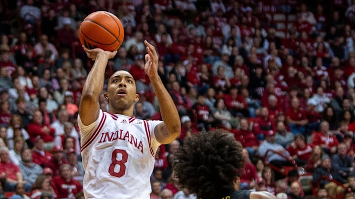 Indiana's Bryson Tucker (8) shoots over USC's Saint Thomas (0) during the Indiana versus University of Southern California men's basketball game at Simon Skjodt Assembly Hall on Wednesday, Jan. 8, 2025.