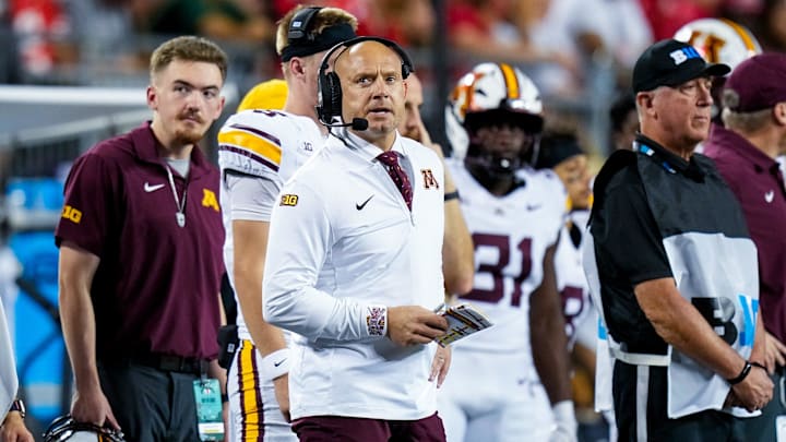 Minnesota Golden Gophers head coach P.J. Fleck reacts in the first half of the NCAA football game at Ohio Stadium on Saturday, Oct. 4, 2025 in Columbus, Ohio.
