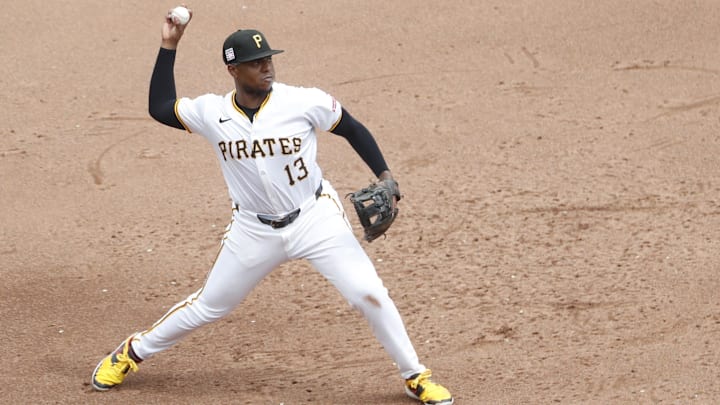 Pittsburgh Pirates third baseman Ke'Bryan Hayes (13) throws to first base to retire Philadelphia Phillies right fielder Nick Castellanos (not pictured) during the sixth inning at PNC Park. The Phillies won 6-0. 