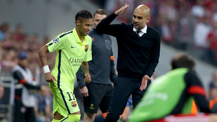 Neymar Jr. and Pep Guardiola during the Champions League Semi-final clash between FC Bayern and FC Barcelona