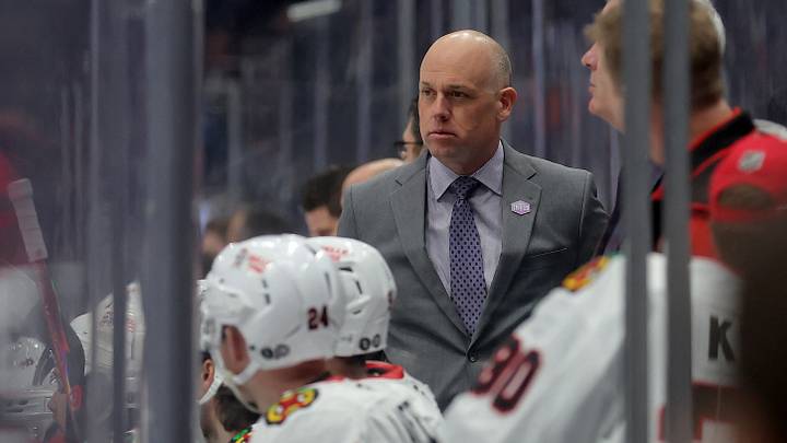 Mar 24, 2026; Elmont, New York, USA; Chicago Blackhawks head coach Jeff Blashill coaches against the New York Islanders during the second period at UBS Arena. Mandatory Credit: Brad Penner-Imagn Images