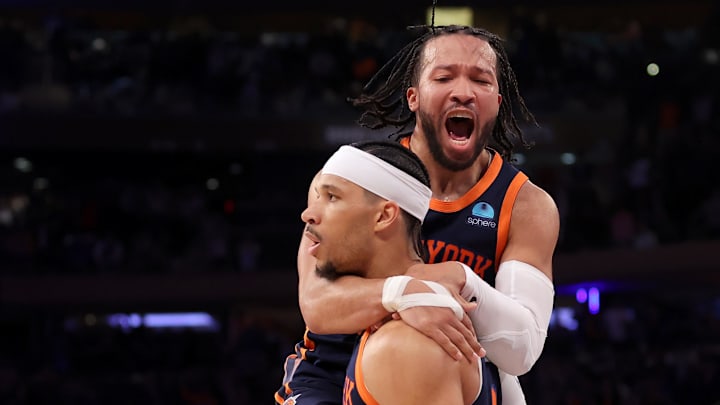 Feb 26, 2024; New York, New York, USA; New York Knicks guard Jalen Brunson (11) celebrates with guard Josh Hart (3) during the fourth quarter against the Detroit Pistons at Madison Square Garden. Mandatory Credit: Brad Penner-USA TODAY Sports