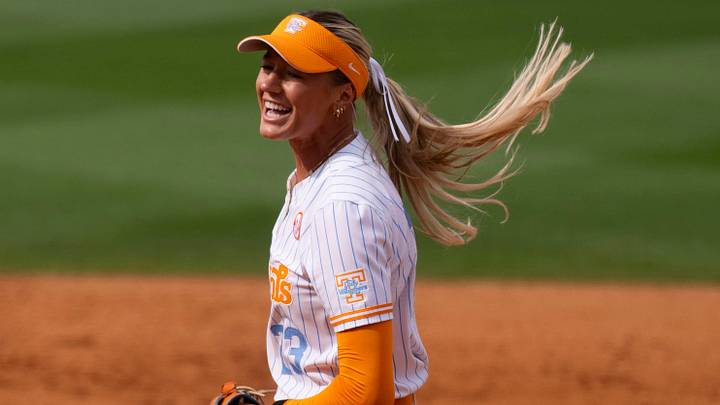 Tennessee's Karlyn Pickens (23) celebrates after striking out Virginia's final batter for the win in the NCAA college softball regional on May 16, 2026, in Knoxville, Tennessee.