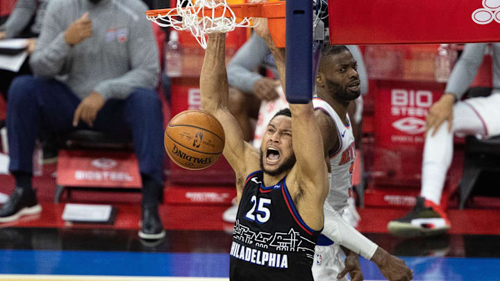 Mar 16, 2021; Philadelphia, Pennsylvania, USA; Philadelphia 76ers guard Ben Simmons (25) dunks in front of New York Knicks center Nerlens Noel (3) during the fourth quarter at Wells Fargo Center. Mandatory Credit: Bill Streicher-Imagn Images Mar 16, 2021; Philadelphia, Pennsylvania, USA; Philadelphia 76ers guard Ben Simmons (25) dunks in front of New York Knicks center Nerlens Noel (3) during the fourth quarter at Wells Fargo Center. Mandatory Credit: Bill Streicher-Imagn Images