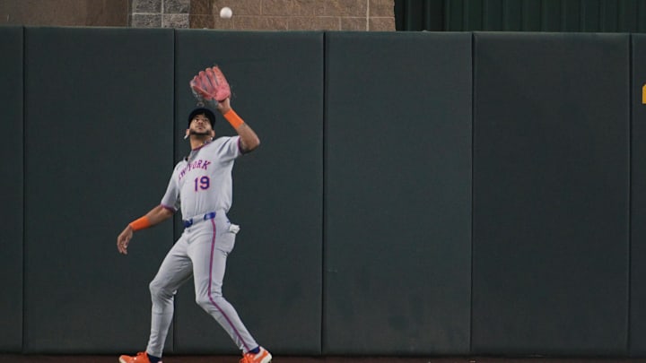 Apr 11, 2025; West Sacramento, California, USA; New York Mets outfielder Jose Siri (19) makes a catch second inning of the game against the Oakland Athletics at Sutter Health Park. Mandatory Credit: Ed Szczepanski-Imagn Images