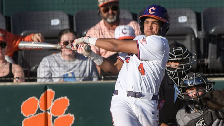 Clemson infielder Tryston McCladdie (4) bats against Winthrop University during the bottom of the first inning at Doug Kingsmore Stadium in Clemson, S.C. Wednesday, February 25, 2025.