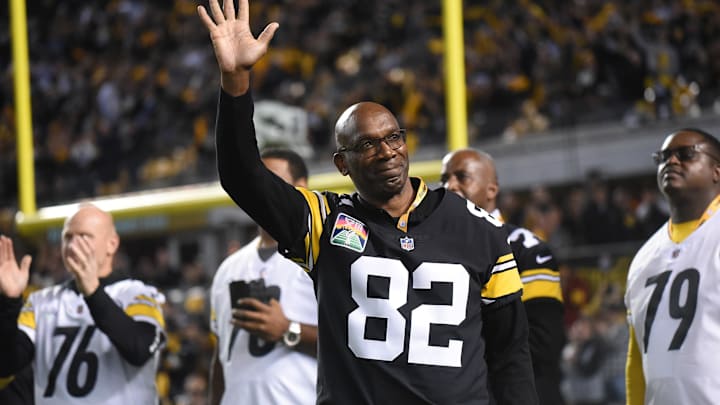 Dec 2, 2018; Pittsburgh, PA, USA;  Pittsburgh Steelers former wide receiver John Stallworth (82) during a recognition of the Super Bowl XIII team during halftime of the Steelers and Los Angeles Chargers game at Heinz Field. Mandatory Credit: Philip G. Pavely-Imagn Images