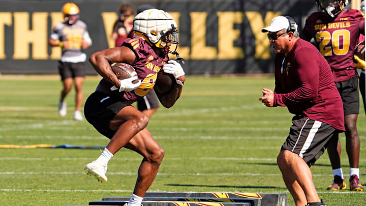 Arizona State running back Kanye Udoh (6) during spring football practice at Kajikawa practice fields in Tempe on Tuesday, March 25, 2025.