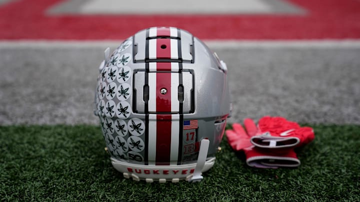 An Ohio State Buckeyes helmet sits on the sideline prior to the NCAA football game against the Indiana Hoosiers at Ohio Stadium in Columbus on Saturday, Nov. 23, 2024.