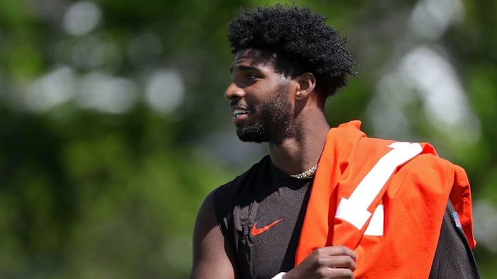 Cleveland Browns quarterback Shedeur Sanders (12) heads off the field after the first day of NFL rookie minicamp at the Cleveland Browns training facility on Friday, May 9, 2025, in Berea, Ohio.