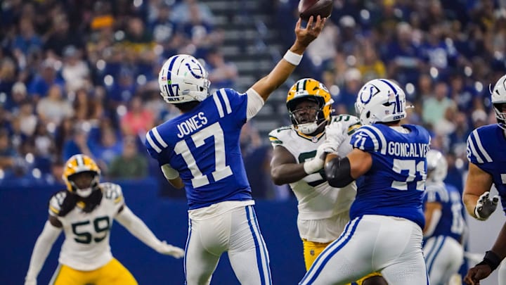 Indianapolis Colts quarterback Daniel Jones (17) throws a pass on Saturday, Aug. 16, 2025, during a game against the Green Bay Packers at Lucas Oil Stadium in Indianapolis.