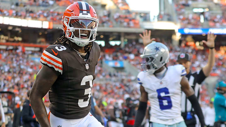 Cleveland Browns wide receiver Jerry Jeudy (3) celebrates after scoring his first touchdown as a Brown during the second half of an NFL football game against the Dallas Cowboys at Huntington Bank Field, Sunday, Sept. 8, 2024, in Cleveland, Ohio. Cleveland Browns wide receiver Jerry Jeudy (3) celebrates after scoring his first touchdown as a Brown during the second half of an NFL football game against the Dallas Cowboys at Huntington Bank Field, Sunday, Sept. 8, 2024, in Cleveland, Ohio.