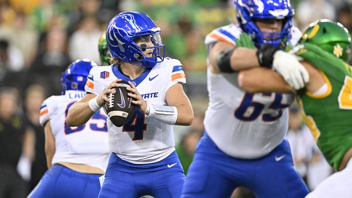 Sep 7, 2024; Eugene, Oregon, USA; Boise State Broncos quarterback Maddux Madsen (4) passes the ball during the first half against the Oregon Ducks at Autzen Stadium. Mandatory Credit: Troy Wayrynen-Imagn Images
