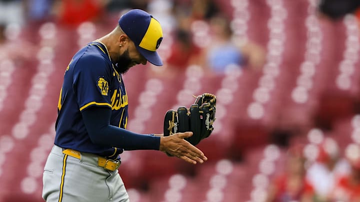 Aug 30, 2024; Cincinnati, Ohio, USA; Milwaukee Brewers relief pitcher Devin Williams (38) reacts after the victory over the Cincinnati Reds in the tenth inning at Great American Ball Park. Mandatory Credit: Katie Stratman-Imagn Images