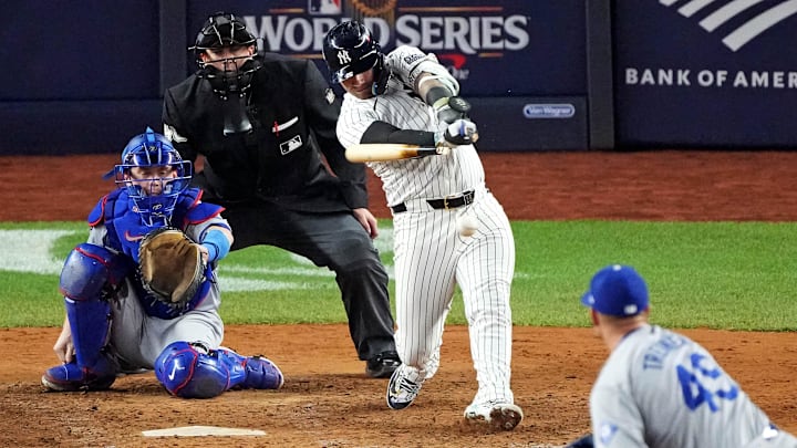 Oct 30, 2024; New York, New York, USA; New York Yankees second baseman Gleyber Torres (25) breaks his bat on a ground out during the seventh inning against the Los Angeles Dodgers in game four of the 2024 MLB World Series at Yankee Stadium. Mandatory Credit: Robert Deutsch-Imagn Images Oct 30, 2024; New York, New York, USA; New York Yankees second baseman Gleyber Torres (25) breaks his bat on a ground out during the seventh inning against the Los Angeles Dodgers in game four of the 2024 MLB World Series at Yankee Stadium. Mandatory Credit: Robert Deutsch-Imagn Images
