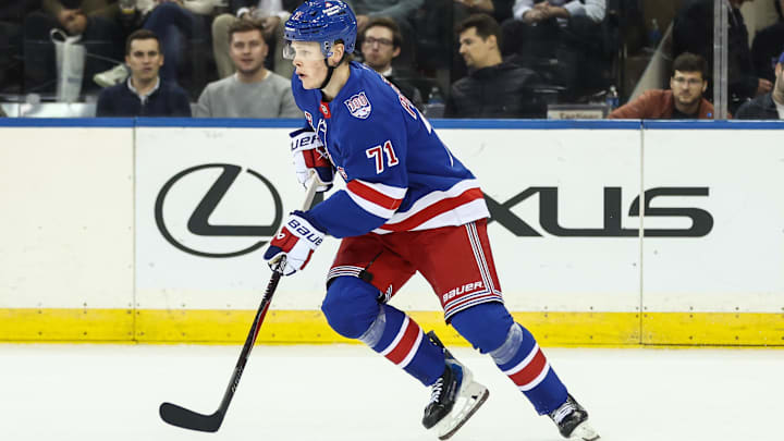 Oct 23, 2025; New York, New York, USA;  New York Rangers center Juuso Parssinen (71) at Madison Square Garden. Mandatory Credit: Wendell Cruz-Imagn Images