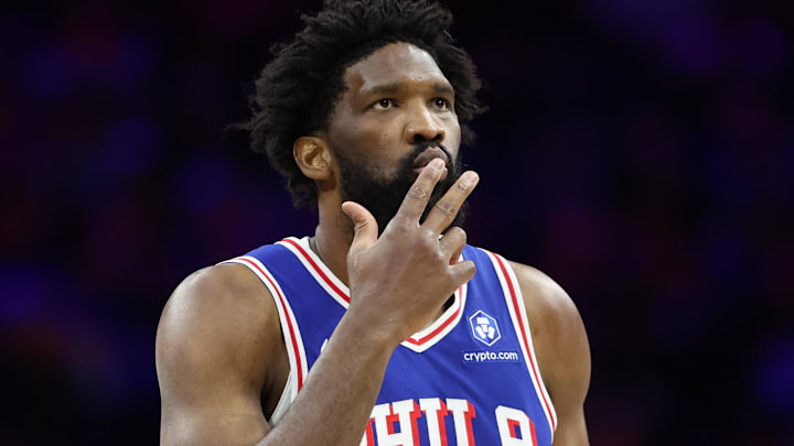 Jan 29, 2026; Philadelphia, Pennsylvania, USA; Philadelphia 76ers center Joel Embiid (21) reacts to his three pointer against the Sacramento Kings during the second quarter at Xfinity Mobile Arena. Mandatory Credit: Bill Streicher-Imagn Images