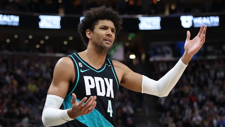Mar 22, 2023; Salt Lake City, Utah, USA; Portland Trail Blazers guard Matisse Thybulle (4) reacts to a foul call against the Utah Jazz in the third quarter at Vivint Arena. Mandatory Credit: Rob Gray-USA TODAY Sports Mar 22, 2023; Salt Lake City, Utah, USA; Portland Trail Blazers guard Matisse Thybulle (4) reacts to a foul call against the Utah Jazz in the third quarter at Vivint Arena. Mandatory Credit: Rob Gray-USA TODAY Sports