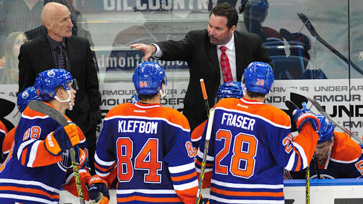 Apr 7, 2015; Edmonton, Alberta, CAN; Edmonton Oilers head coach Todd Nelson is seen out on the players bench as they took on the Los Angeles Kings during the 3rd period at Rexall Place. Mandatory Credit: Walter Tychnowicz-Imagn Images
