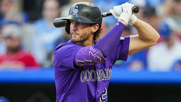 Apr 22, 2025; Kansas City, Missouri, USA; Colorado Rockies third baseman Ryan McMahon (24) bats against the Kansas City Royals at Kauffman Stadium. Mandatory Credit: Jay Biggerstaff-Imagn Images