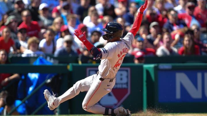 Apr 7, 2024; Anaheim, California, USA; Boston Red Sox outfielder Ceddanne Rafaela (43) reaches third