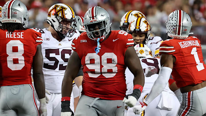 Oct 4, 2025; Columbus, Ohio, USA; Ohio State Buckeyes defensive lineman Kayden McDonald (98) celebrates his tackle for loss during the third quarter against the Minnesota Golden Gophers at Ohio Stadium. Mandatory Credit: Joseph Maiorana-Imagn Images