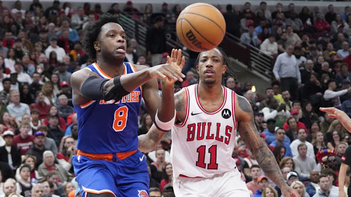 Apr 9, 2024; Chicago, Illinois, USA; Chicago Bulls forward DeMar DeRozan (11) defends New York Knicks forward OG Anunoby (8) during the second half at United Center. Mandatory Credit: David Banks-Imagn Images Apr 9, 2024; Chicago, Illinois, USA; Chicago Bulls forward DeMar DeRozan (11) defends New York Knicks forward OG Anunoby (8) during the second half at United Center. Mandatory Credit: David Banks-Imagn Images
