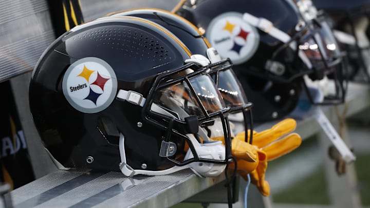 Aug 9, 2024; Pittsburgh, Pennsylvania, USA; Pittsburgh Steelers helmets on the bench during the game against the Houston Texans during the first quarter at Acrisure Stadium. Mandatory Credit: Charles LeClaire-Imagn Images Aug 9, 2024; Pittsburgh, Pennsylvania, USA; Pittsburgh Steelers helmets on the bench during the game against the Houston Texans during the first quarter at Acrisure Stadium. Mandatory Credit: Charles LeClaire-Imagn Images